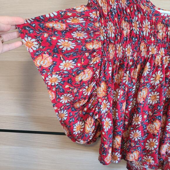 Free People Ruffles Up Shirt Women L Floral Linen Blend Crop Flutter Sleeve Boho - Picture 6 of 11